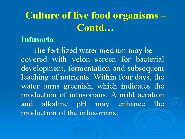 Culture of live food organisms – Contd… Infusoria The fertilized water medium may be