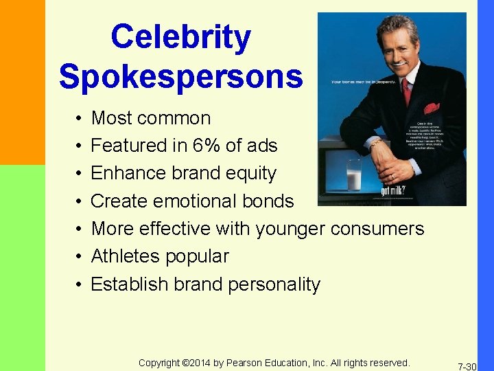 Celebrity Spokespersons • • Most common Featured in 6% of ads Enhance brand equity