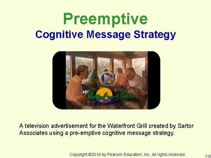Preemptive Cognitive Message Strategy A television advertisement for the Waterfront Grill created by Sartor