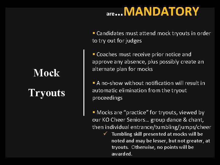 are …MANDATORY § Candidates must attend mock tryouts in order to try out for