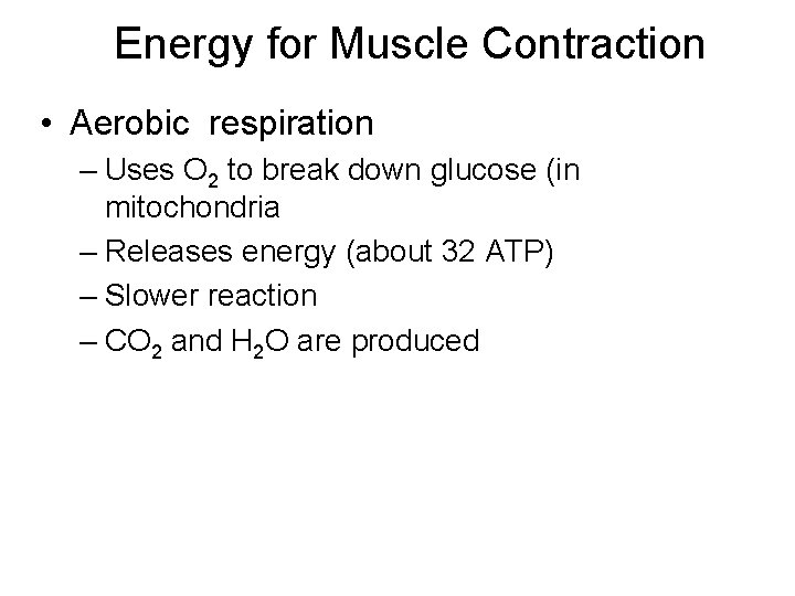 Energy for Muscle Contraction • Aerobic respiration – Uses O 2 to break down