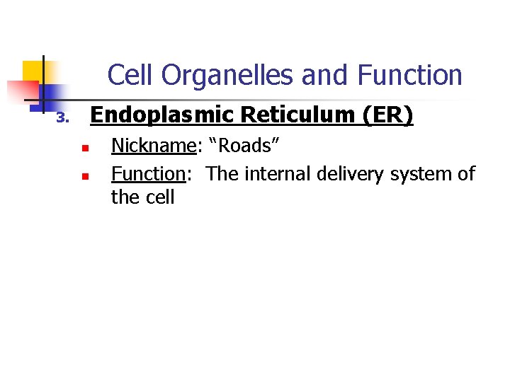 Cell Organelles and Function Endoplasmic Reticulum (ER) 3. n n Nickname: “Roads” Function: The