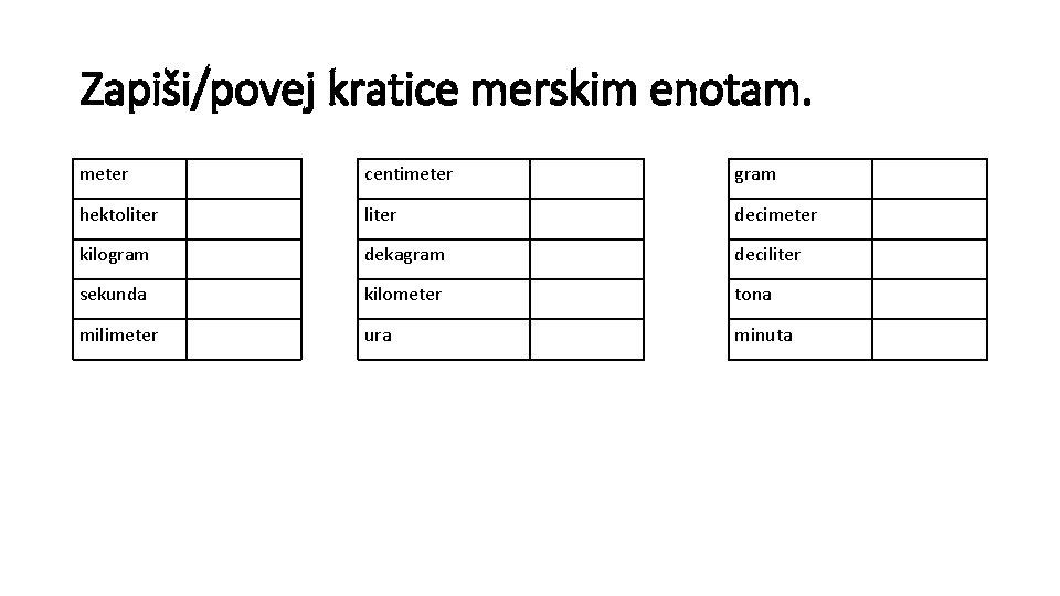 Zapiši/povej kratice merskim enotam. meter centimeter gram hektoliter decimeter kilogram dekagram deciliter sekunda kilometer