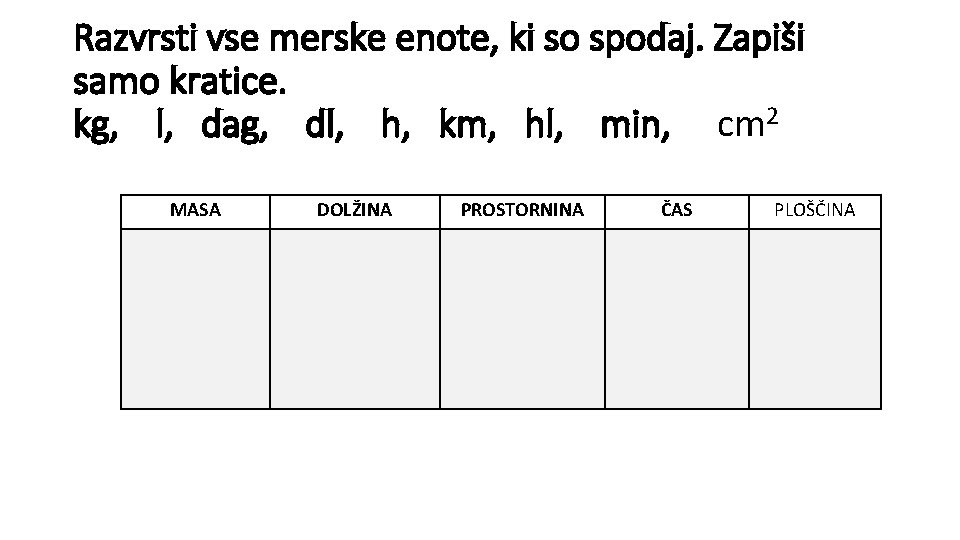 Razvrsti vse merske enote, ki so spodaj. Zapiši samo kratice. kg, l, dag, dl,