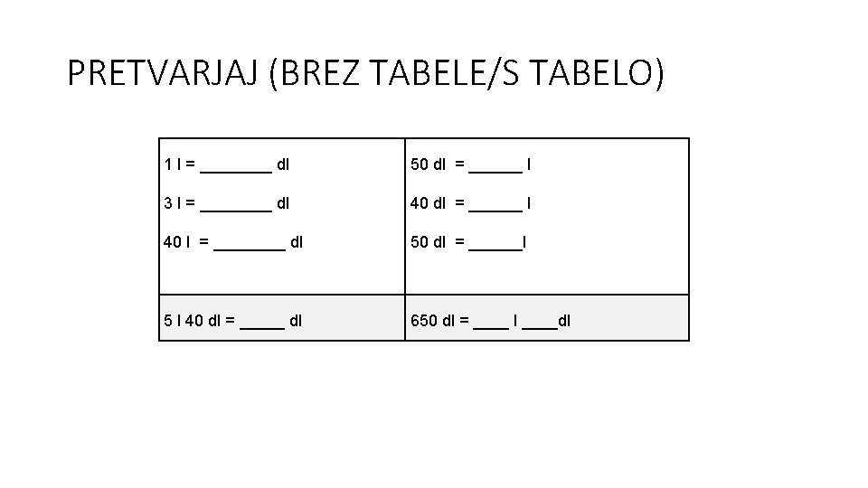 PRETVARJAJ (BREZ TABELE/S TABELO) 1 l = ____ dl 50 dl = ______ l