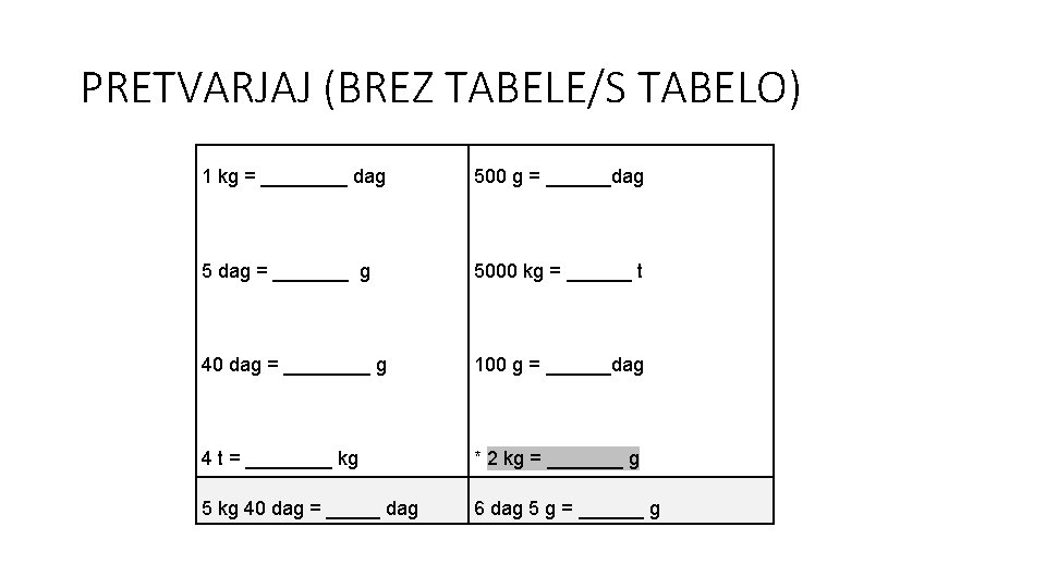 PRETVARJAJ (BREZ TABELE/S TABELO) 1 kg = ____ dag 500 g = ______dag 5