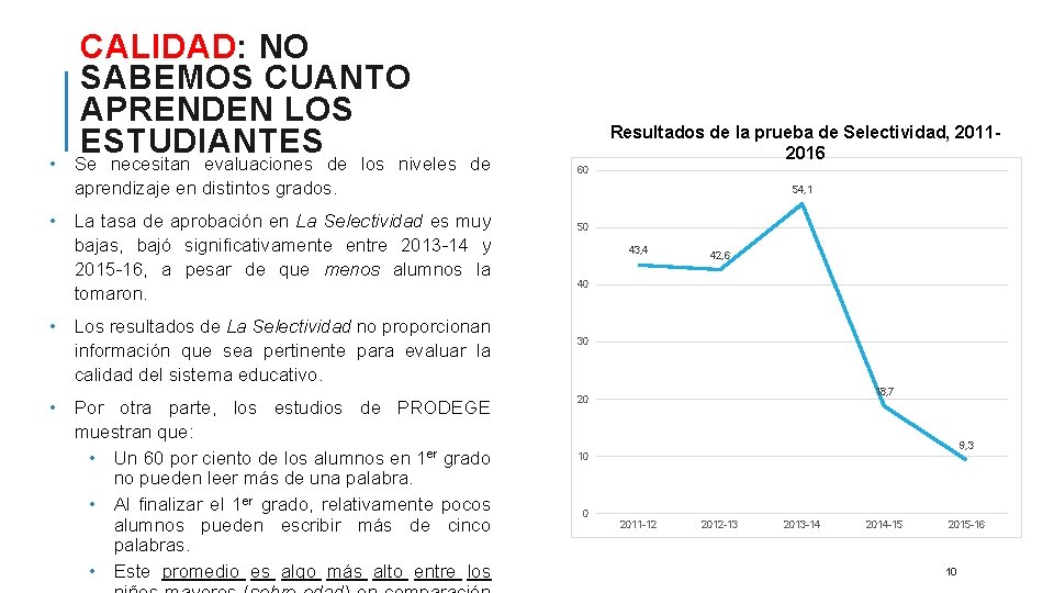 CALIDAD: NO SABEMOS CUANTO APRENDEN LOS ESTUDIANTES • Se necesitan evaluaciones de los niveles