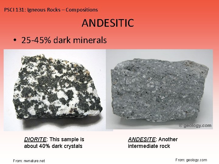 PSCI 131: Igneous Rocks – Compositions ANDESITIC • 25 -45% dark minerals DIORITE: This