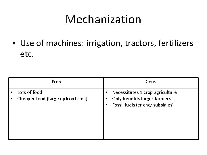 Mechanization • Use of machines: irrigation, tractors, fertilizers etc. Pros • Lots of food