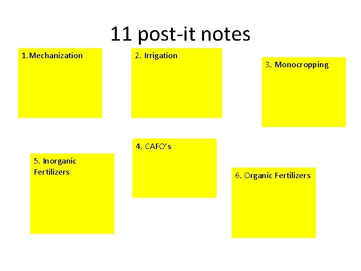 11 post-it notes 1. Mechanization 2. Irrigation 3. Monocropping 4. CAFO’s 5. Inorganic Fertilizers