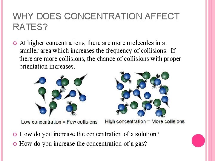 WHY DOES CONCENTRATION AFFECT RATES? At higher concentrations, there are molecules in a smaller