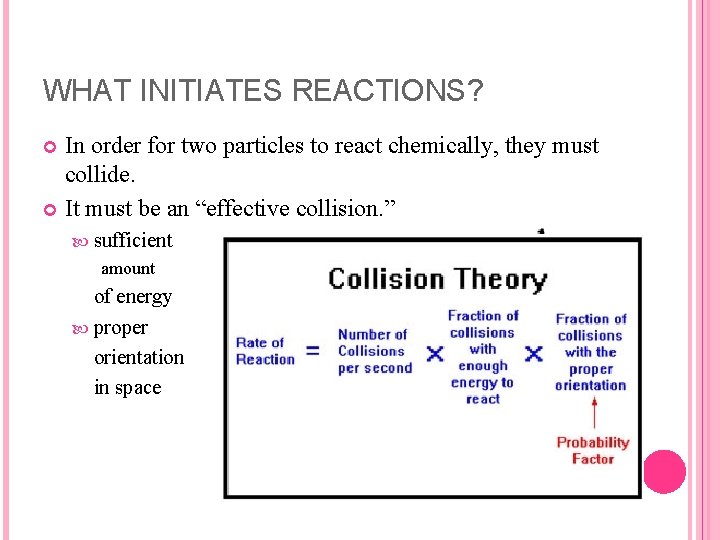 WHAT INITIATES REACTIONS? In order for two particles to react chemically, they must collide.