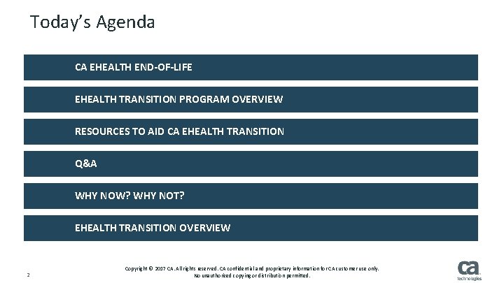 Today’s Agenda CA EHEALTH END-OF-LIFE EHEALTH TRANSITION PROGRAM OVERVIEW RESOURCES TO AID CA EHEALTH