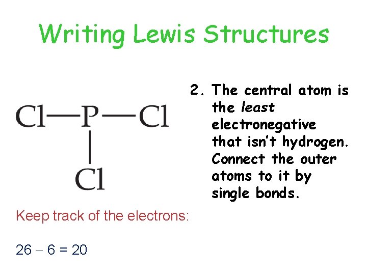 Writing Lewis Structures 2. The central atom is the least electronegative that isn’t hydrogen.