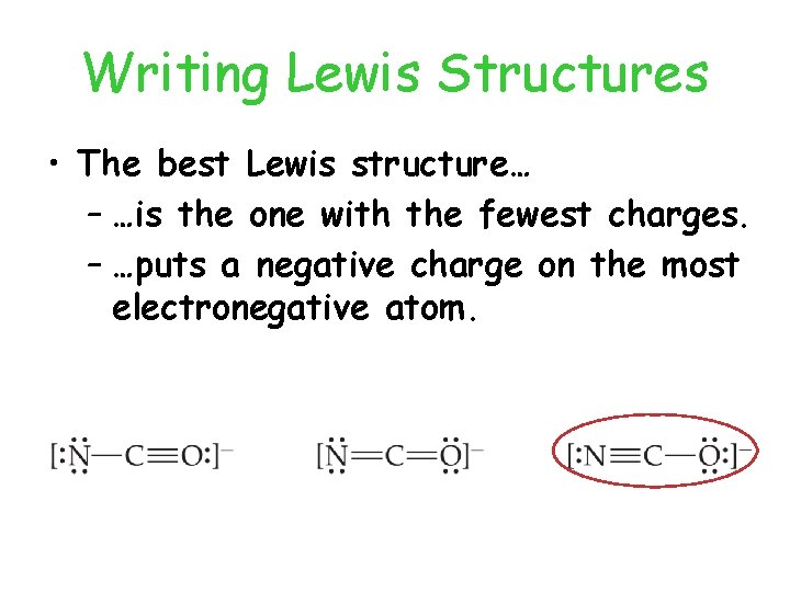 Writing Lewis Structures • The best Lewis structure… – …is the one with the