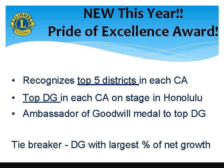 NEW This Year!! Pride of Excellence Award! • Recognizes top 5 districts in each