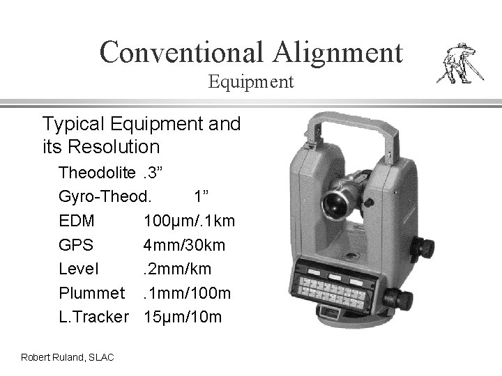 Conventional Alignment Equipment Typical Equipment and its Resolution Theodolite. 3” Gyro-Theod. 1” EDM 100µm/.