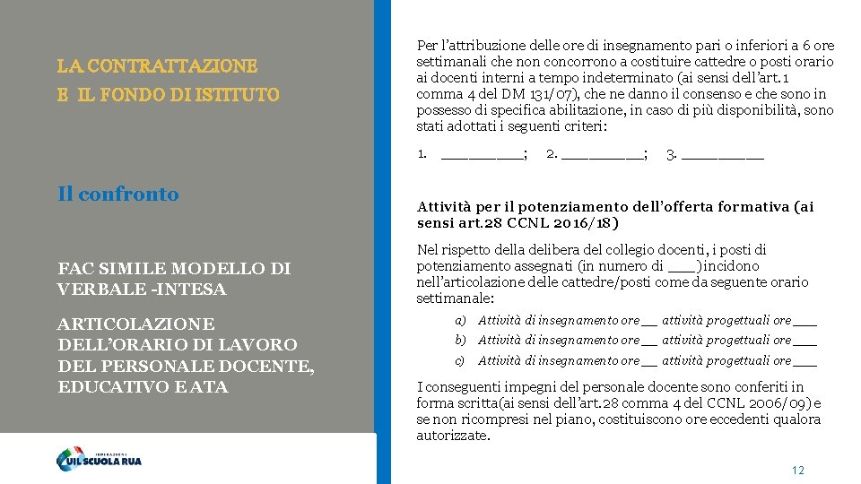 LA CONTRATTAZIONE E IL FONDO DI ISTITUTO Per l’attribuzione delle ore di insegnamento pari