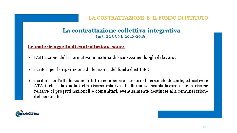 LA CONTRATTAZIONE E IL FONDO DI ISTITUTO La contrattazione collettiva integrativa (art. 22 CCNL