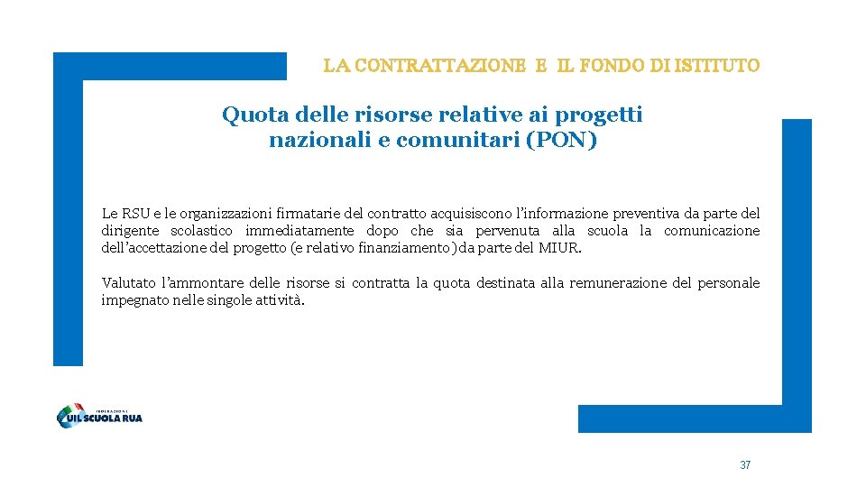 LA CONTRATTAZIONE E IL FONDO DI ISTITUTO Quota delle risorse relative ai progetti nazionali