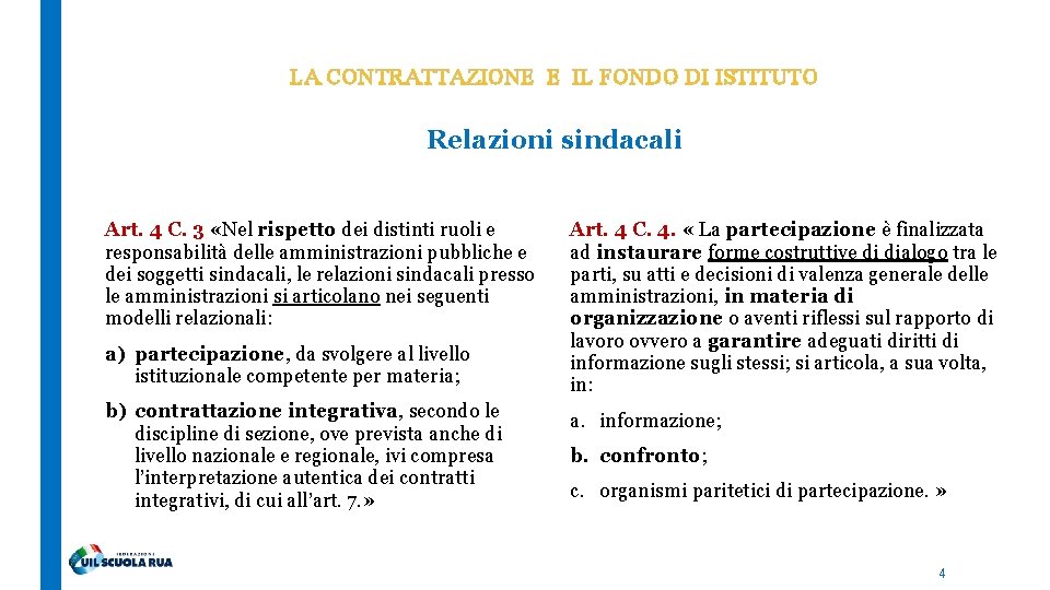 LA CONTRATTAZIONE E IL FONDO DI ISTITUTO Relazioni sindacali Art. 4 C. 3 «Nel