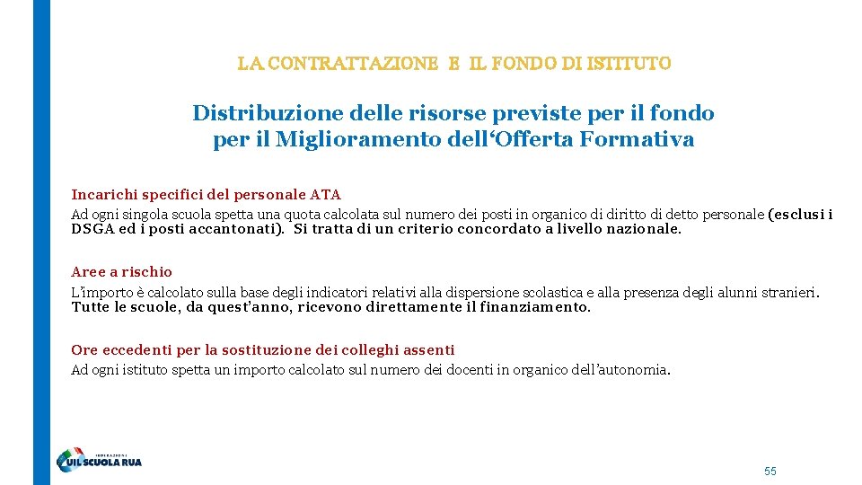 LA CONTRATTAZIONE E IL FONDO DI ISTITUTO Distribuzione delle risorse previste per il fondo