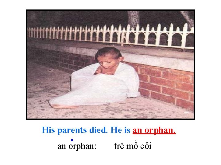 His parents died. He is an orphan: trẻ mồ côi 