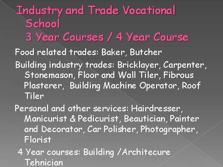 Industry and Trade Vocational School 3 Year Courses / 4 Year Course Food related