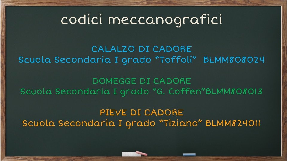 codici meccanografici CALALZO DI CADORE Scuola Secondaria I grado “Toffoli” BLMM 808024 DOMEGGE DI
