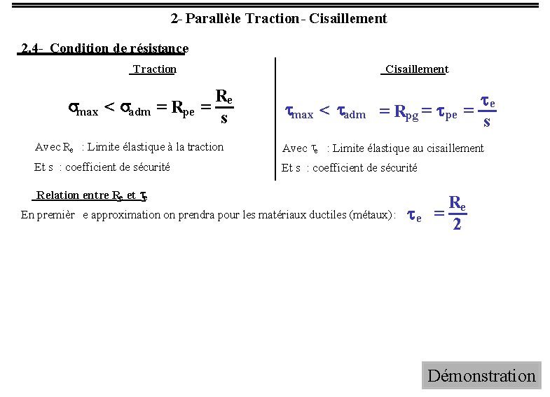 2 - Parallèle Traction - Cisaillement 2. 4 - Condition de résistance Traction smax