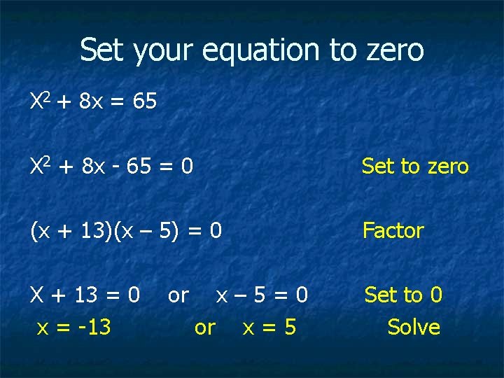 Set your equation to zero X 2 + 8 x = 65 X 2