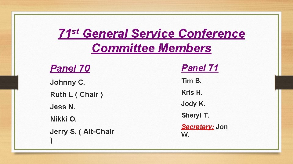 71 st General Service Conference Committee Members Panel 70 Panel 71 Johnny C. Tim