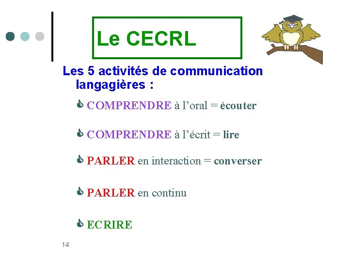 Le CECRL Les 5 activités de communication langagières : COMPRENDRE à l’oral = écouter