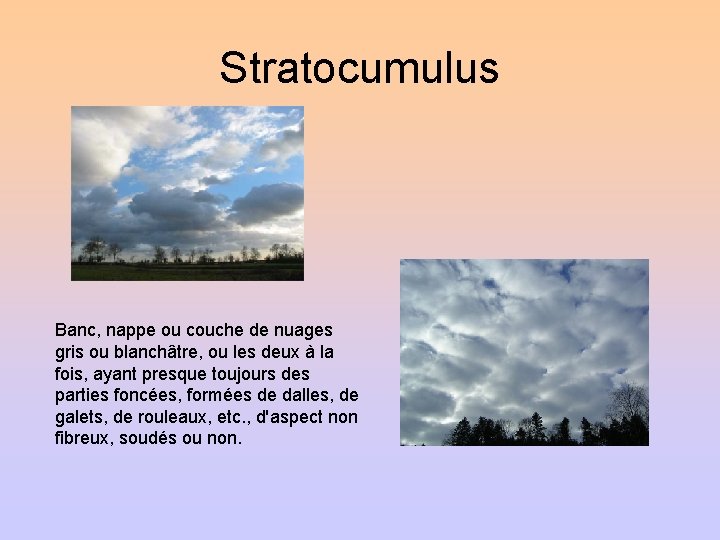 Stratocumulus Banc, nappe ou couche de nuages gris ou blanchâtre, ou les deux à