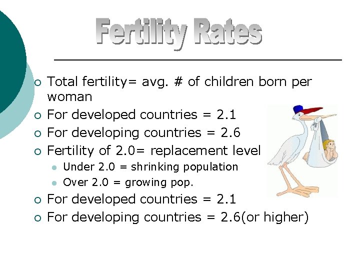 ¡ ¡ Total fertility= avg. # of children born per woman For developed countries