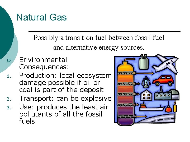 Natural Gas Possibly a transition fuel between fossil fuel and alternative energy sources. ¡
