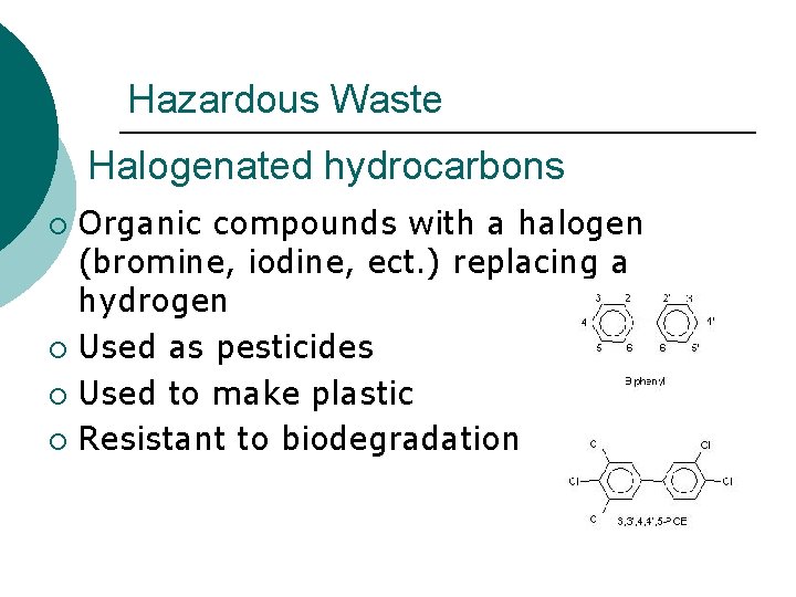 Hazardous Waste Halogenated hydrocarbons Organic compounds with a halogen (bromine, iodine, ect. ) replacing