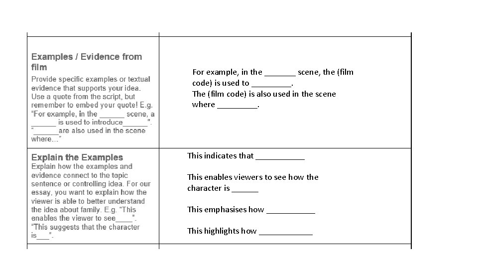 For example, in the _______ scene, the (film code) is used to _____. The