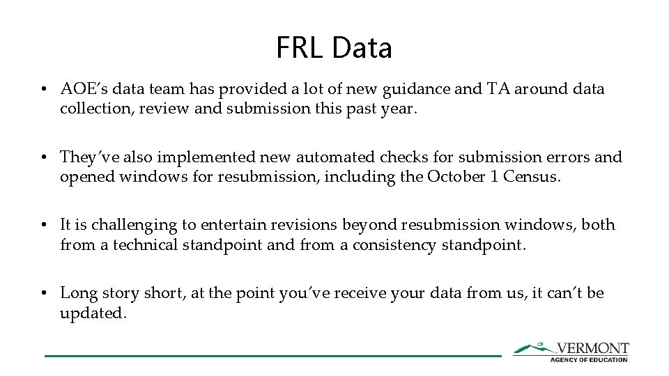 FRL Data • AOE’s data team has provided a lot of new guidance and FRL Data • AOE’s data team has provided a lot of new guidance and