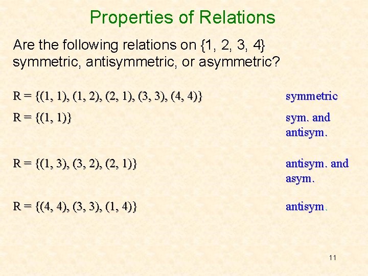 Properties of Relations Are the following relations on {1, 2, 3, 4} symmetric, antisymmetric,