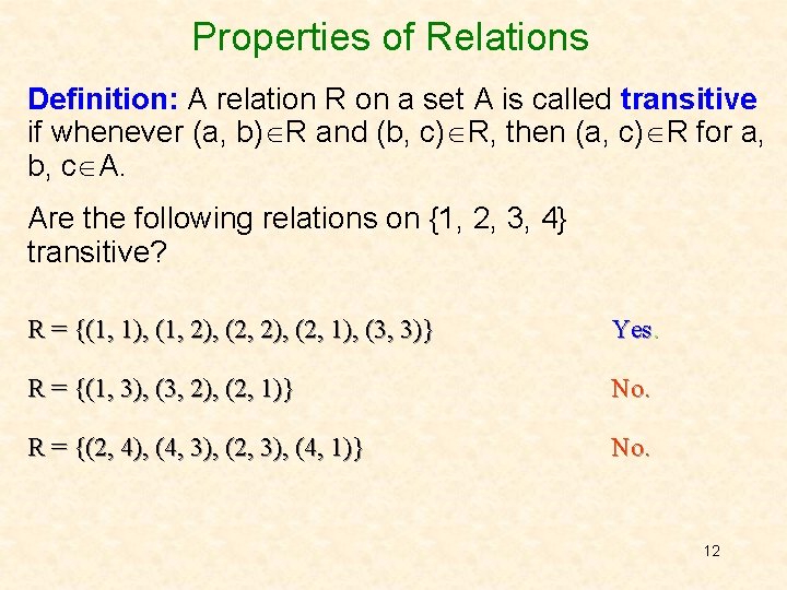 Properties of Relations Definition: A relation R on a set A is called transitive