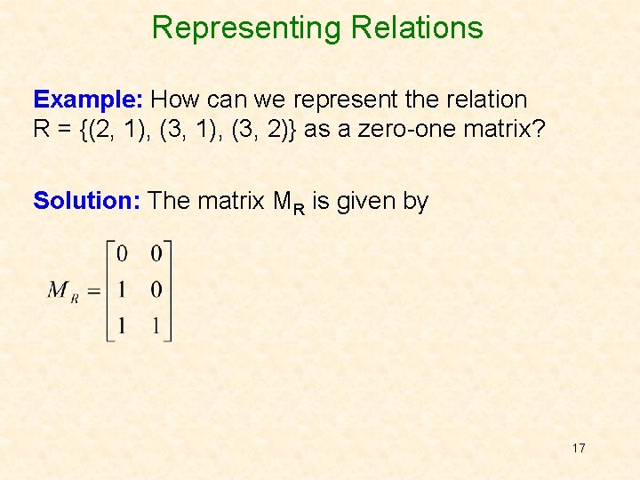 Representing Relations Example: How can we represent the relation R = {(2, 1), (3,