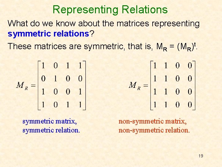 Representing Relations What do we know about the matrices representing symmetric relations? These matrices