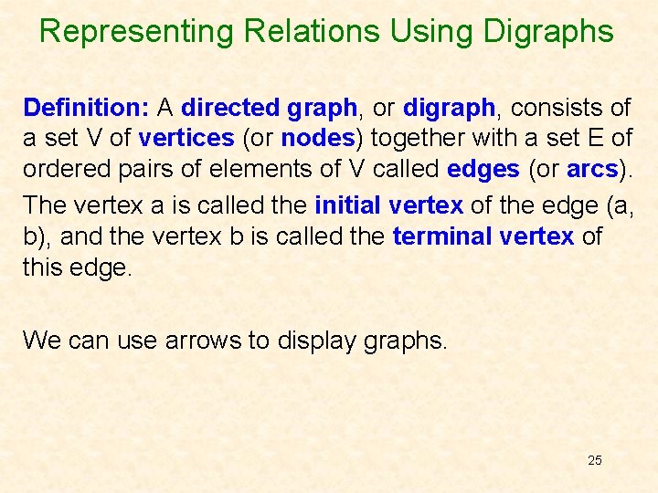 Representing Relations Using Digraphs Definition: A directed graph, or digraph, consists of a set