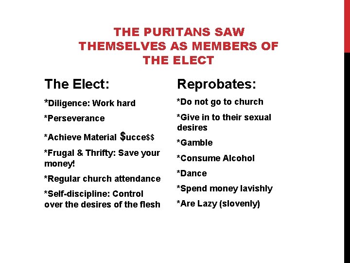 THE PURITANS SAW THEMSELVES AS MEMBERS OF THE ELECT The Elect: Reprobates: *Diligence: Work