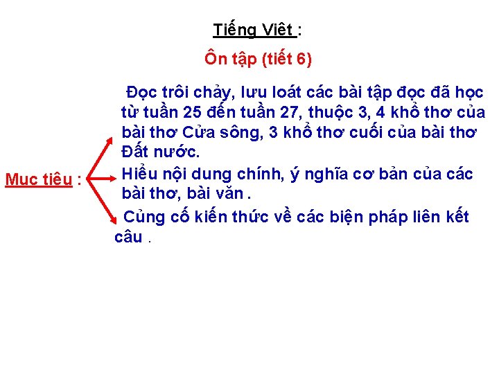 Tiếng Việt : Ôn tập (tiết 6) Mục tiêu : Đọc trôi chảy, lưu