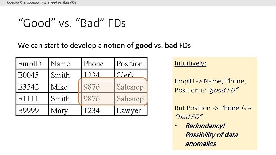 Lecture 5 > Section 2 > Good vs. Bad FDs “Good” vs. “Bad” FDs