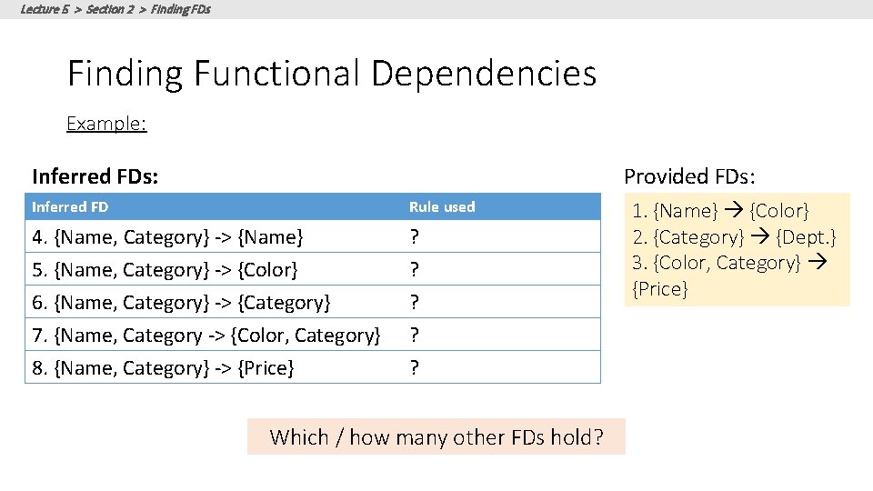 Lecture 5 > Section 2 > Finding FDs Finding Functional Dependencies Example: Provided FDs: