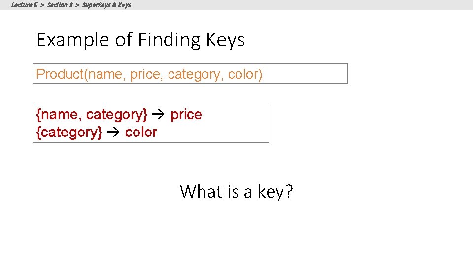 Lecture 5 > Section 3 > Superkeys & Keys Example of Finding Keys Product(name,