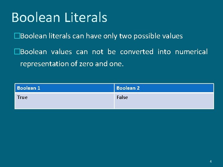 Boolean Literals �Boolean literals can have only two possible values �Boolean values can not